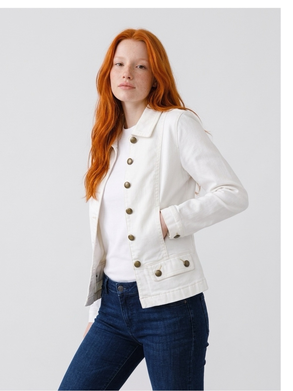 LOFT White Cotton Twill Military Band Jacket Brass Buttons 6